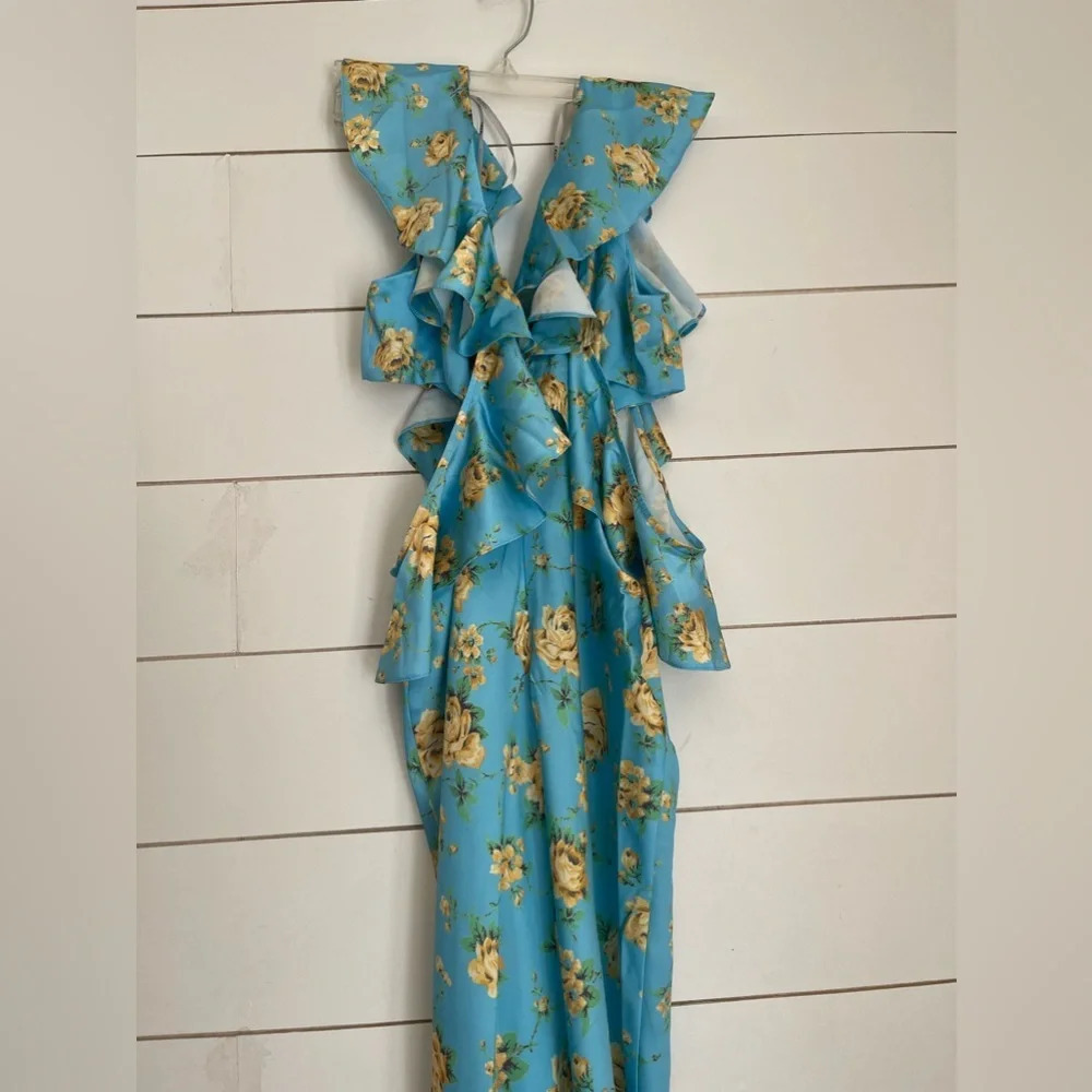 Asos Design Petite Satin Midaxi Dress With Multi Flutter Sleeves In Blue Floral - Picture 10 of 10
